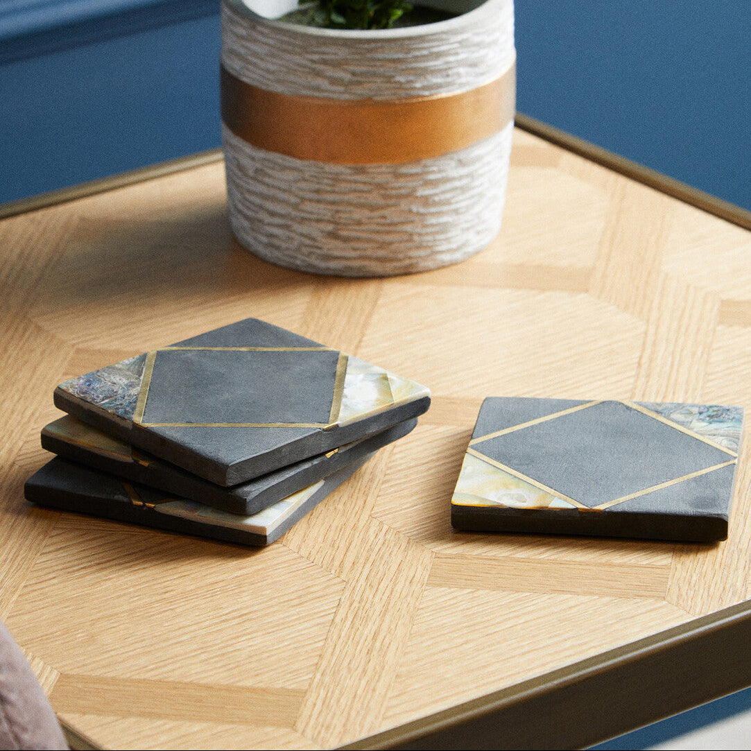 Oriana Set Of 4 Black Slate with Mother of Pearl Inlay Coasters