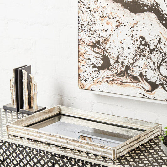 Hiba Silver Finish Bamboo Effect Mirrored Tray