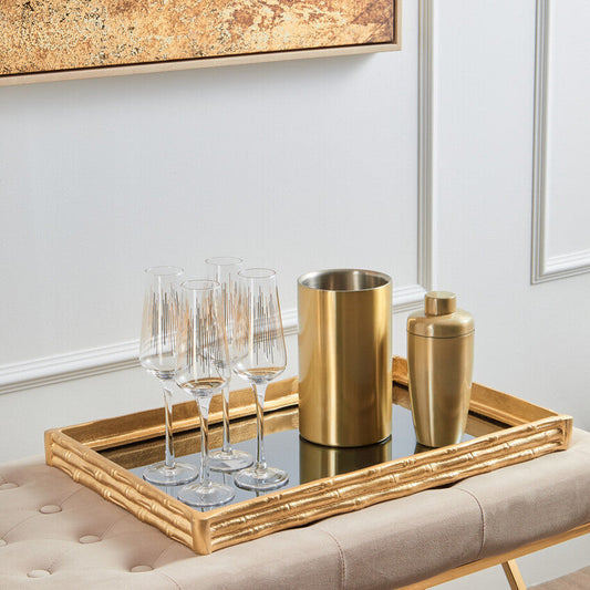 Hiba Gold Finish Bamboo Effect Mirrored Tray