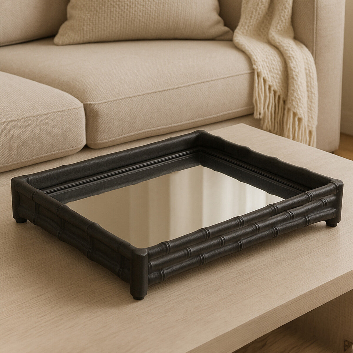 Black Finish Bamboo Effect Mirrored Tray | Hiba