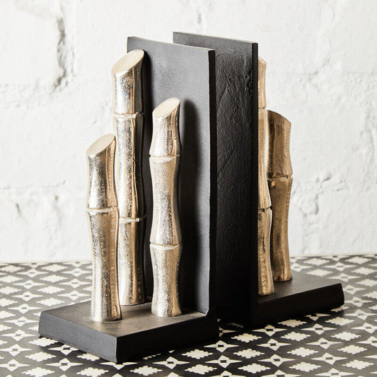 Set of Two Silver Finish Bamboo Effect Bookends | Hiba