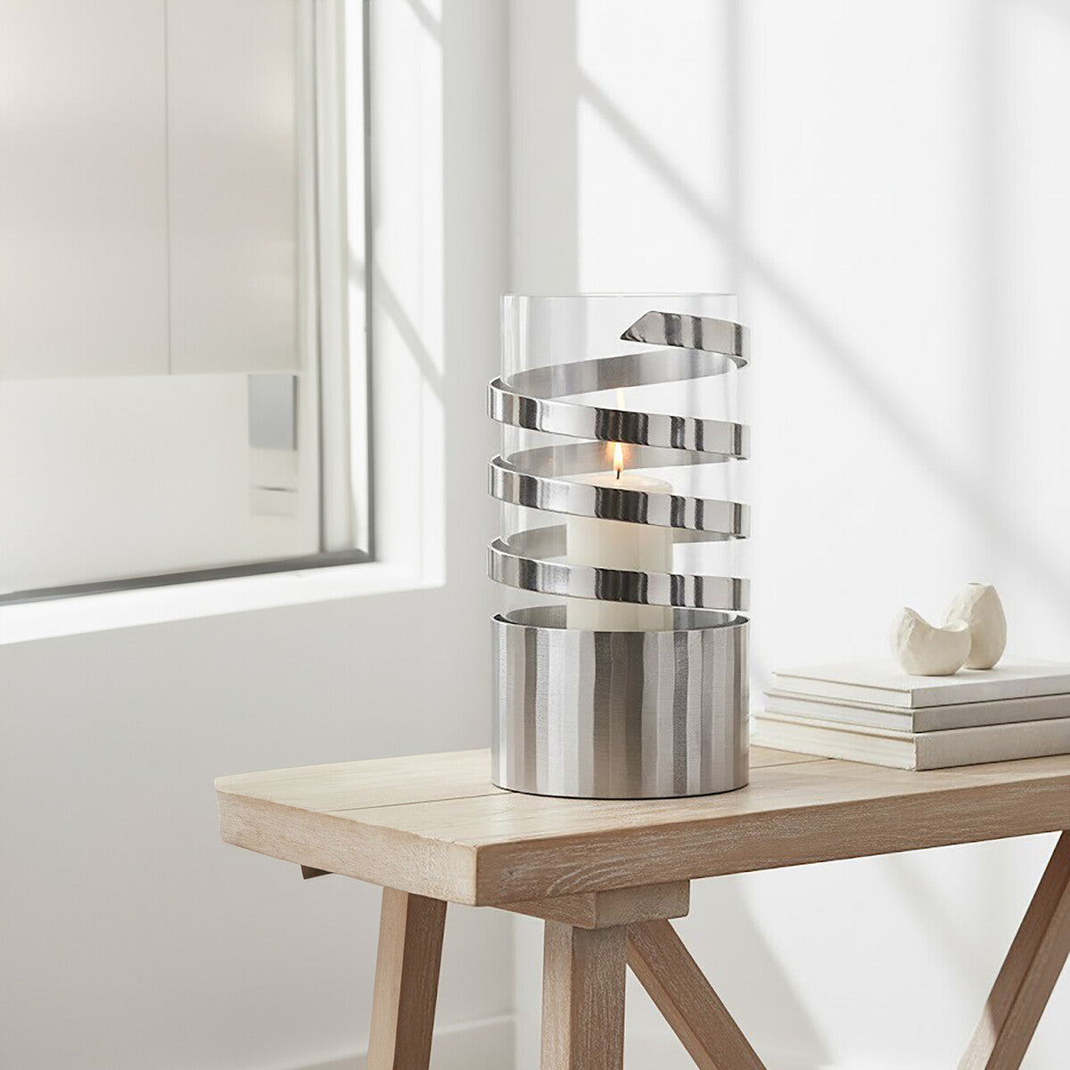 Large Vertical Textured Silver Metal Hurricane Candle Holder | Amreli