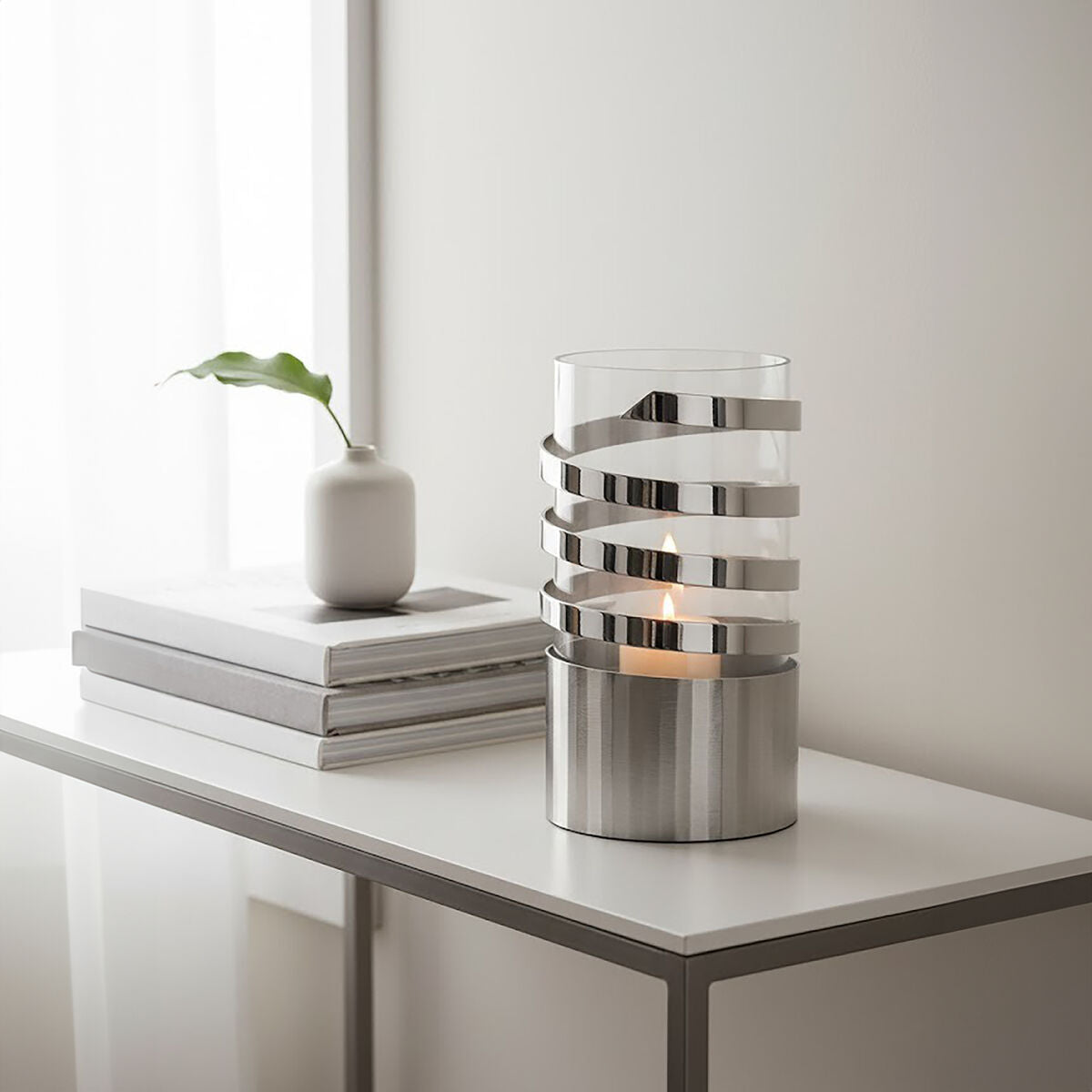 Amreli Silver Metal and Glass Small Hurricane Candle Holder with Spiral Design
