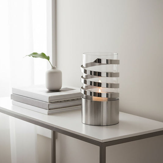 Amreli Small Vertical Textured Silver Metal Hurricane Candle Holder.