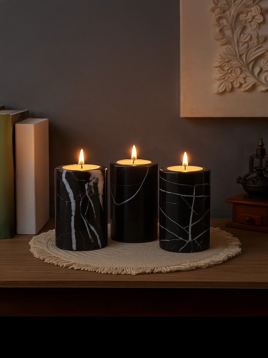 Salmo Set Of Three Black Marble Tealight Holders