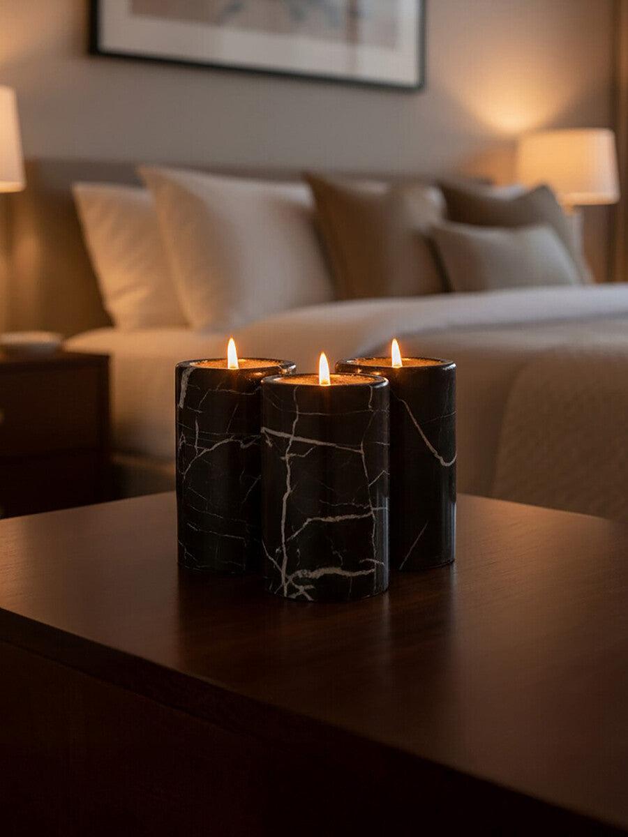 Salmo Set Of Three Black Marble Tealight Holders