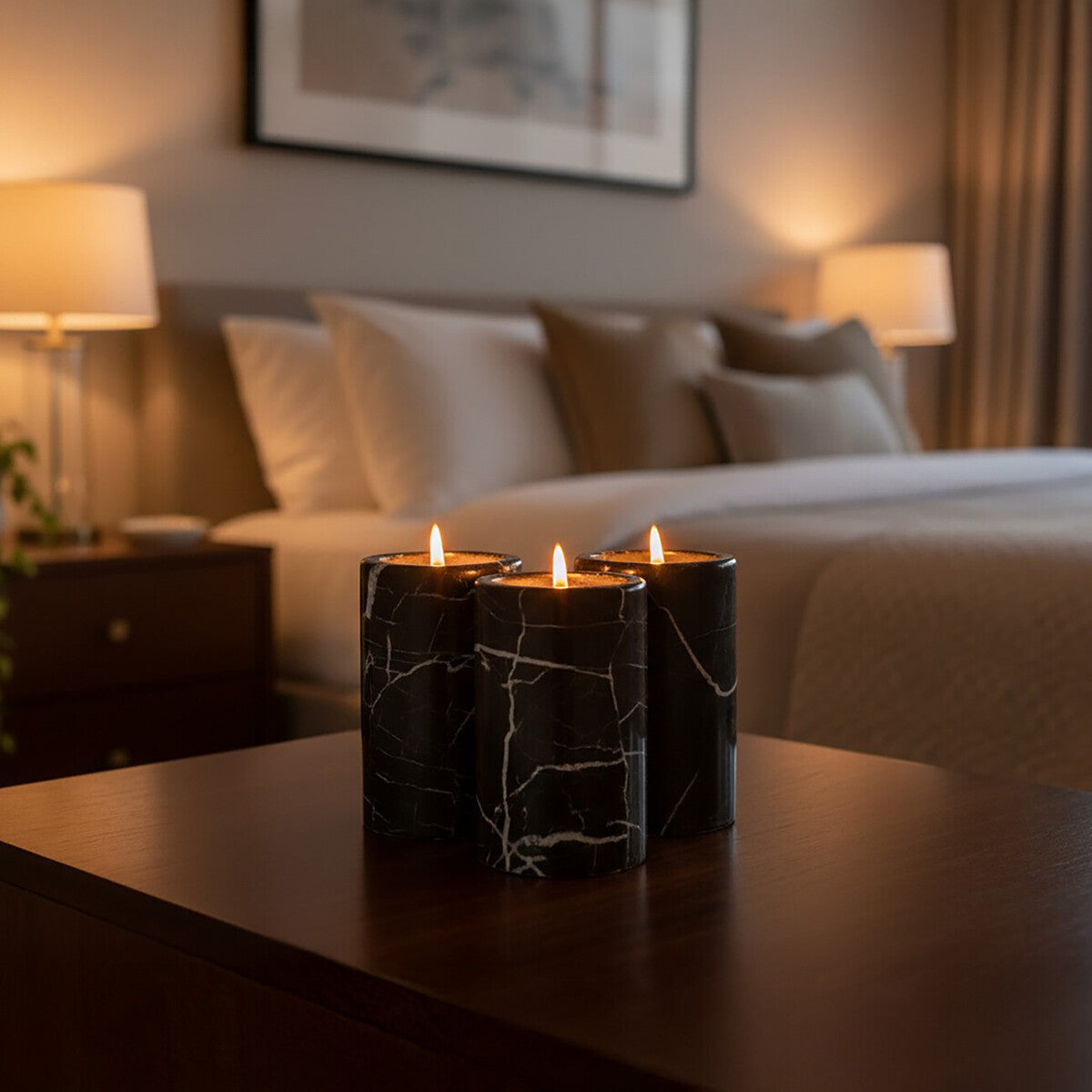 Salmo Set Of Three Black Marble Tealight Holders