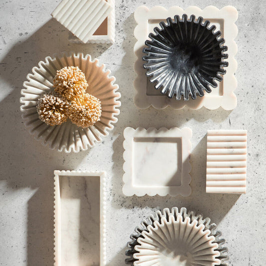 Savio White Marble Square Large Tray With Scallop Edges