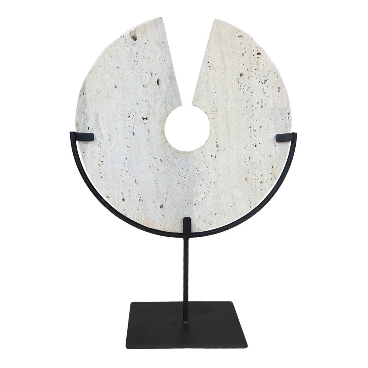 Tibor Travertine Disc Sculpture With Black Metal Base