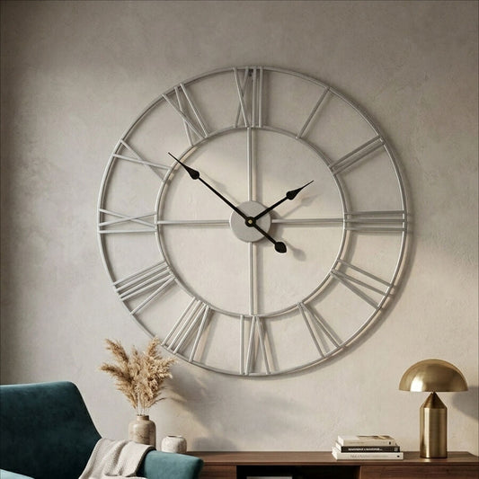 Genova 60cm Dia Silver Metal Roman Numeral Wall Clock
