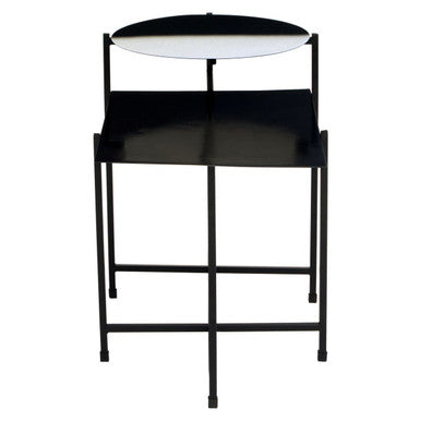 Black and White Ombre Metal Two-Tier Side Table with Circular Top and Rectangular Shelf, Ramus