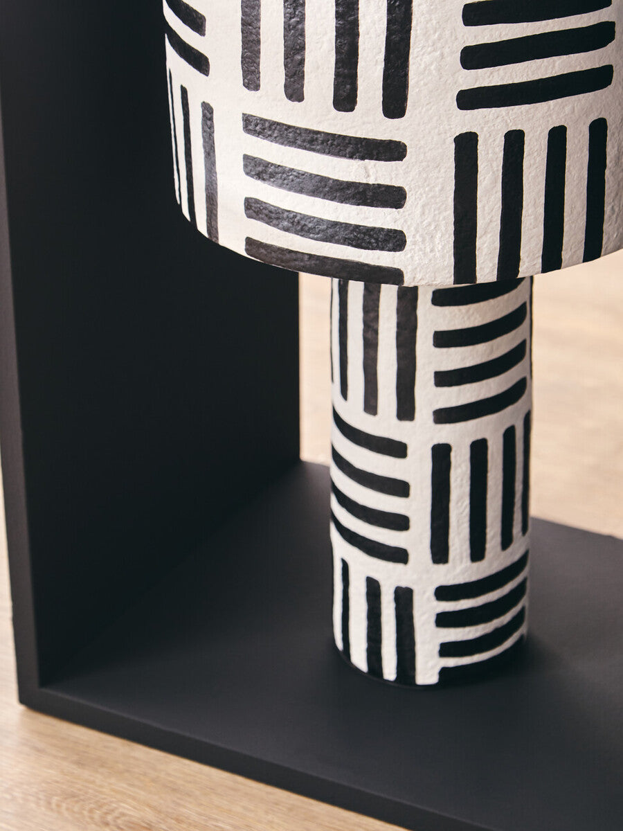 Carta 50cm Black And White Papier Mache Table Lamp with Geometric Lines