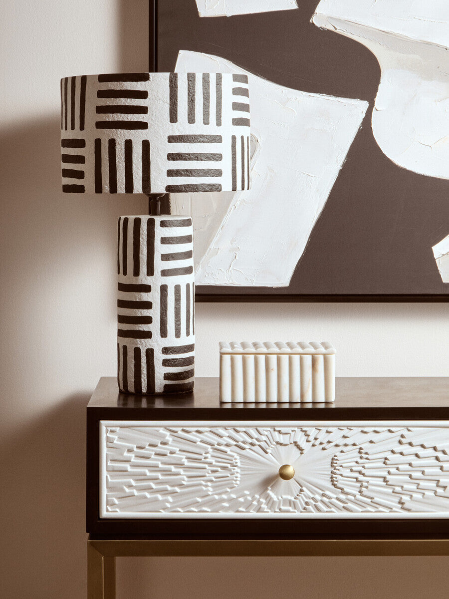 Carta 50cm Black And White Papier Mache Table Lamp with Geometric Lines