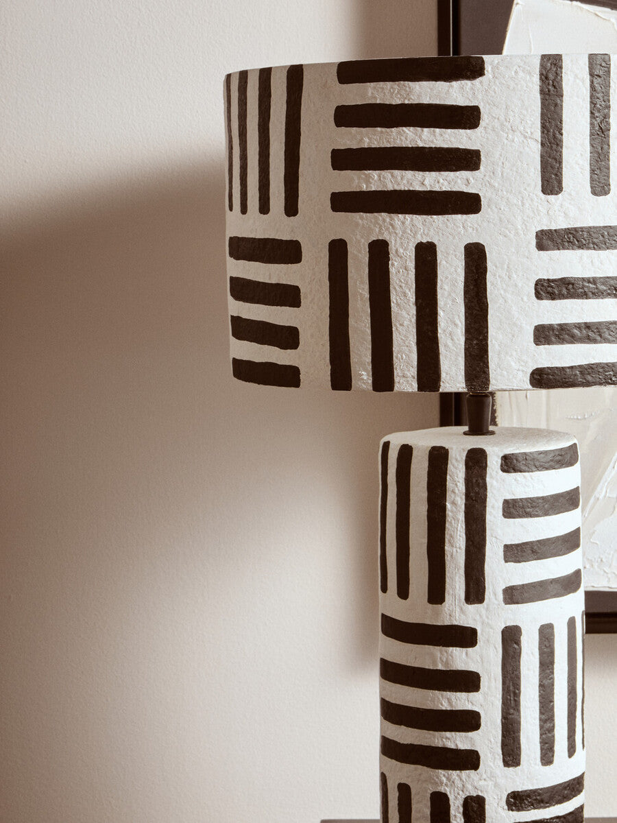 Carta 50cm Black And White Papier Mache Table Lamp with Geometric Lines