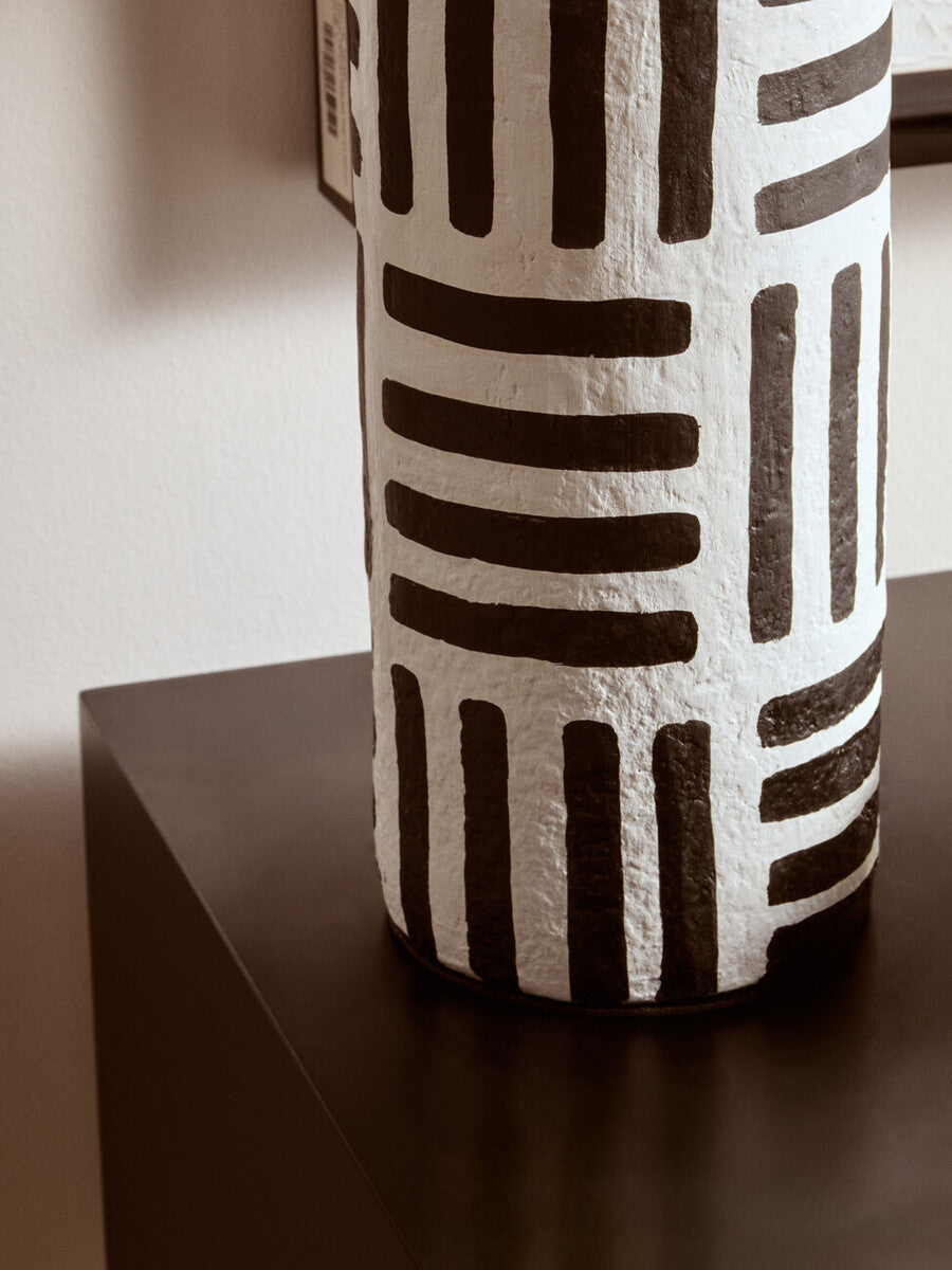 Carta 50cm Black And White Papier Mache Table Lamp with Geometric Lines