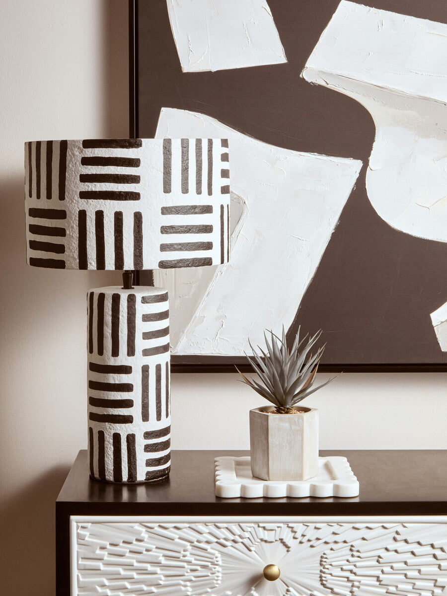 Carta 50cm Black And White Papier Mache Table Lamp with Geometric Lines