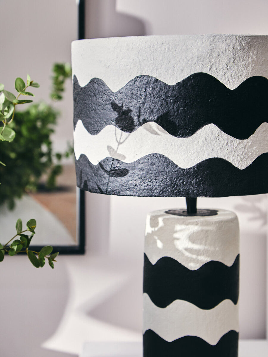 Carta 50cm Black And White Curved Stripe Papier Mache Table Lamp