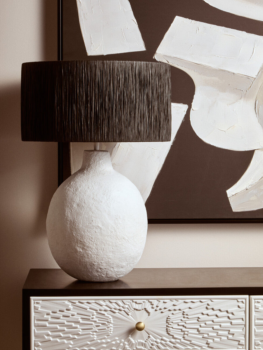 Carta 61cm White Papier Mache Table Lamp With Black Raffia Shade