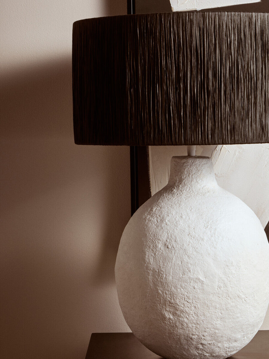 Carta 61cm White Papier Mache Table Lamp With Black Raffia Shade