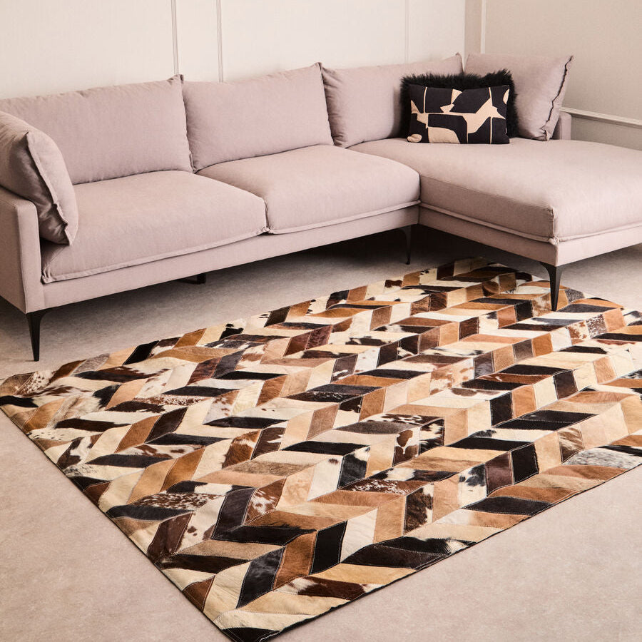 Bosie Safira Large Brown Hair on Leather Chevron Patchwork Rug