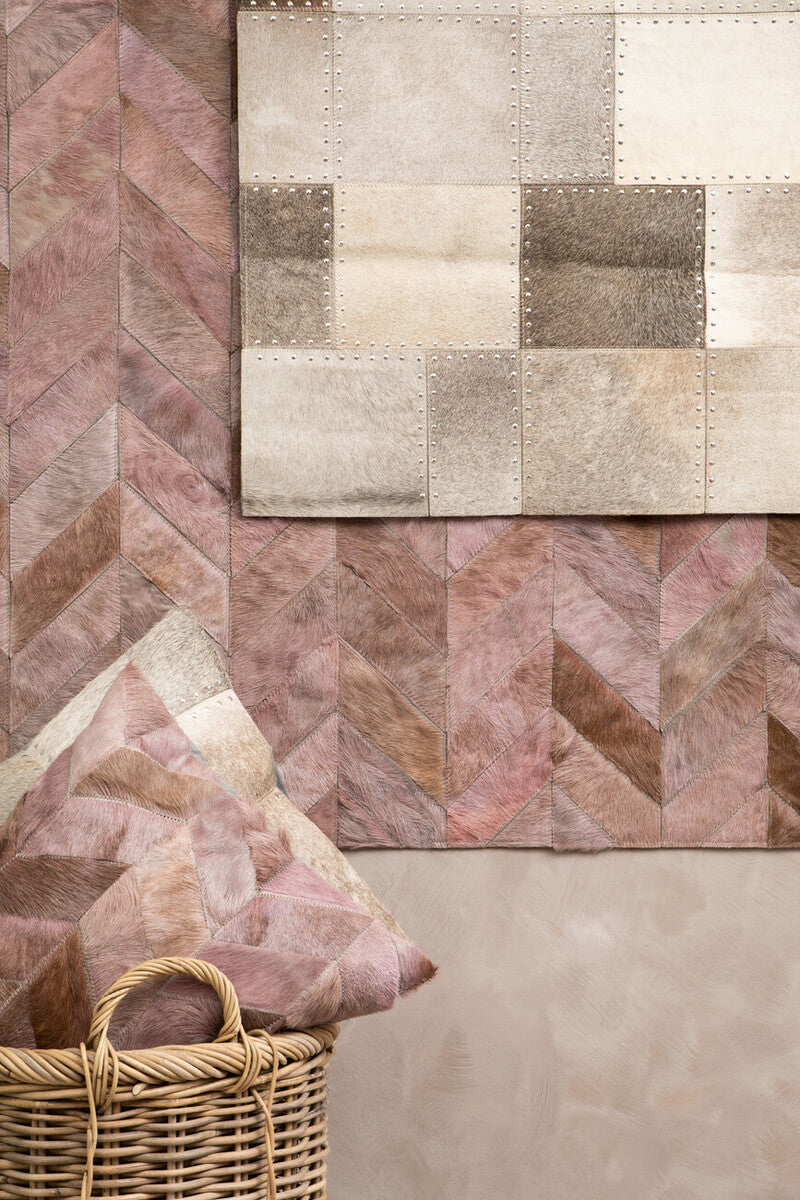 Bosie Safira Large Grey Hair on Leather Chevron Patchwork Rug