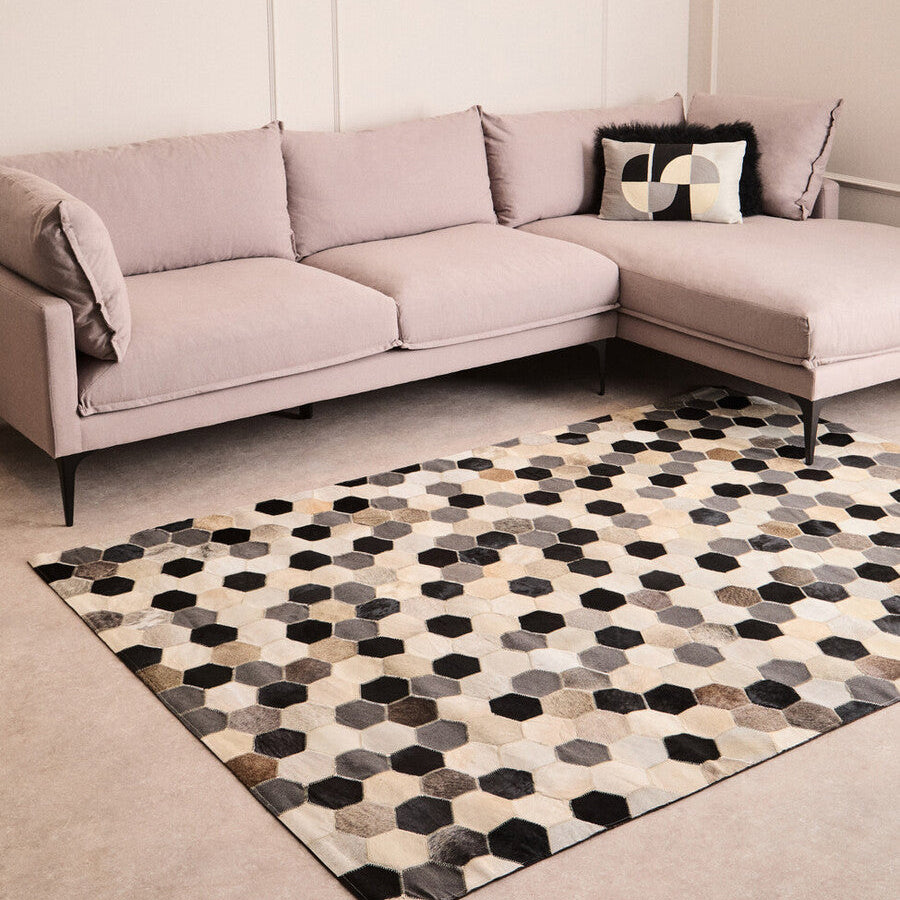 Bosie Safira Large Hair on Leather Hexagon Patchwork Rug