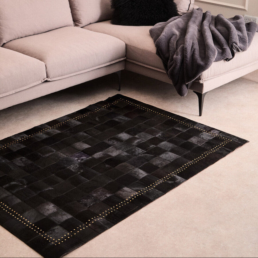 Bosie Small Black Hair on Leather Patchwork Rug with Gold Studs | Safira