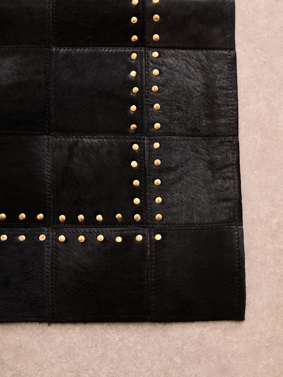 Bosie Small Black Hair on Leather Patchwork Rug with Gold Studs | Safira