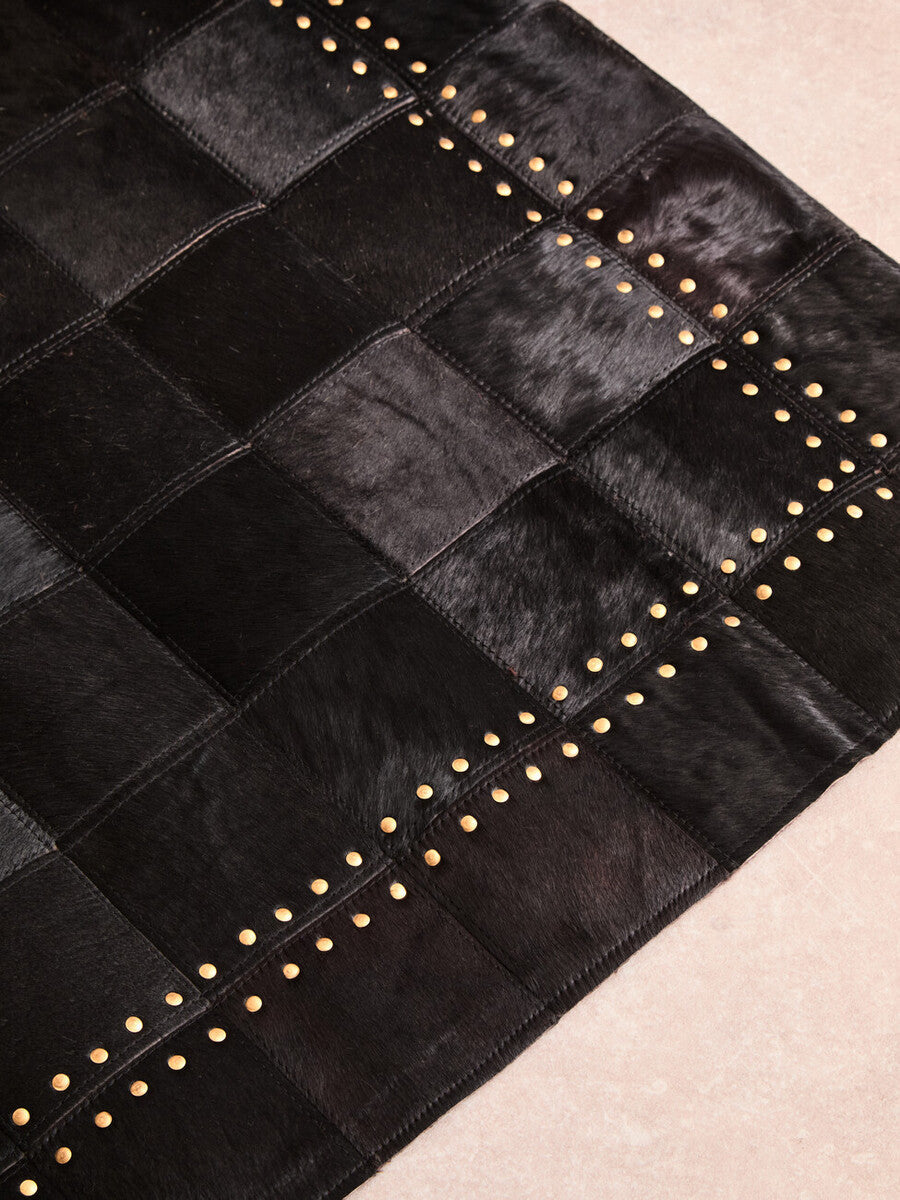 Bosie Small Black Hair on Leather Patchwork Rug with Gold Studs | Safira