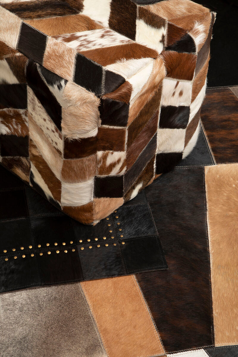 Bosie Safira Large Black Hair on Leather Patchwork Rug With Gold Studs