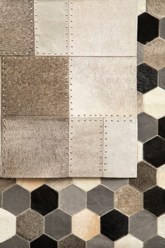 Bosie Safira Small Grey Hair on Leather Patchwork Rug