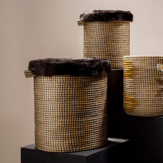 Bora Set of 2 Seagrass Baskets with Faux Fur Trim