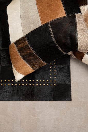 Bosie Neutral Colourblock Hair on Leather Patchwork Cushion | Safira