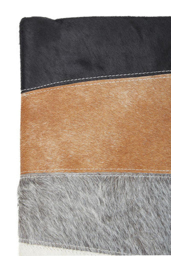 Bosie Neutral Colourblock Hair on Leather Patchwork Cushion | Safira