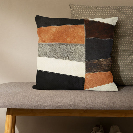 Bosie Neutral Colourblock Hair on Leather Patchwork Cushion | Safira
