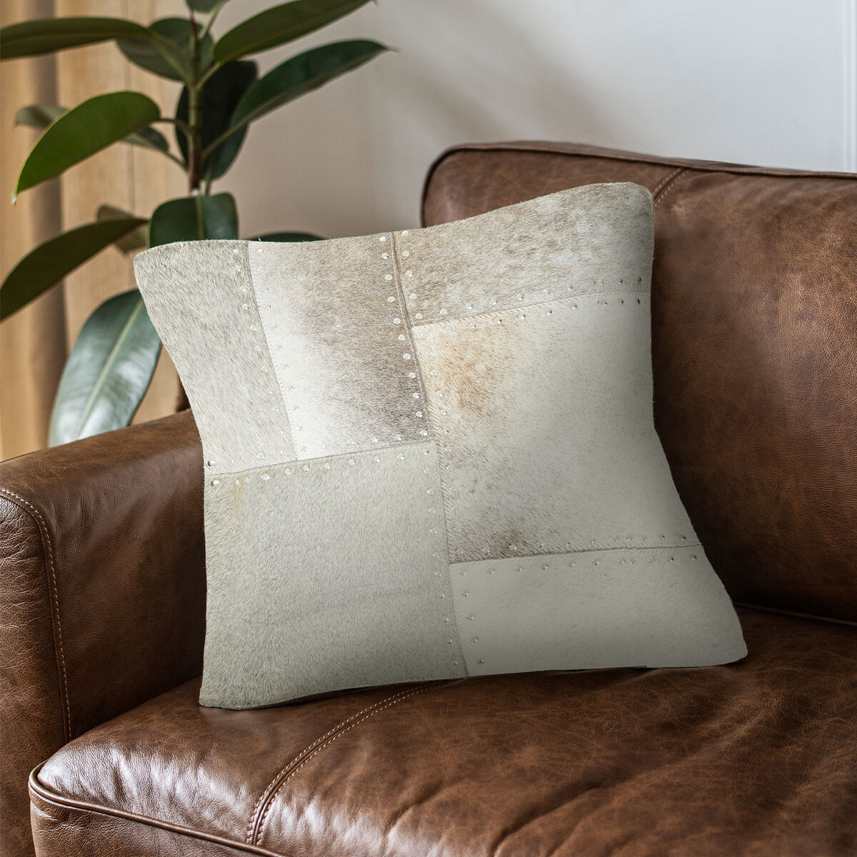 Bosie Grey Hair on Leather Patchwork Cushion | Safira