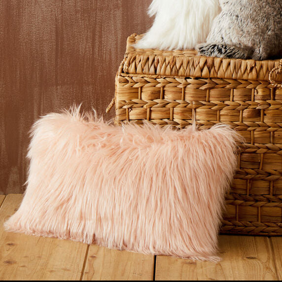 Bosie Mongolian Faux Fur Pink Rectangular Cushion