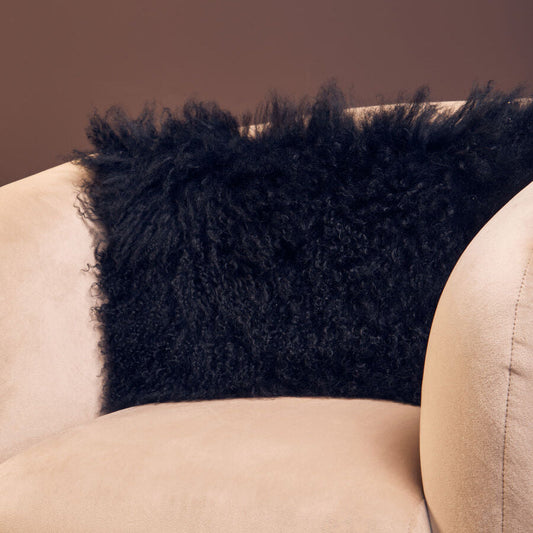 Bosie Real Mongolian Fur Black Rectangular Cushion
