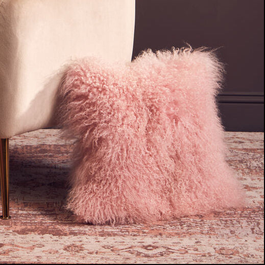 Bosie Real Mongolian Fur Pink Square Cushion