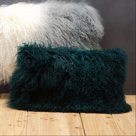 Bosie Real Mongolian Fur Teal Rectangular Cushion