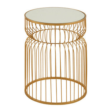 Gold Metal Wireframe Round Side Table with Mirrored Top, Avantis