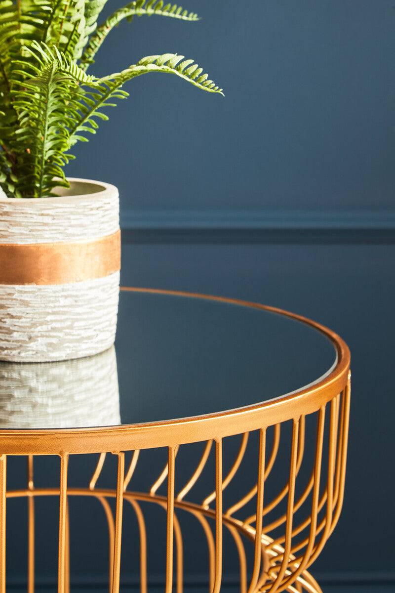 Gold Metal Wireframe Round Side Table with Mirrored Top, Avantis