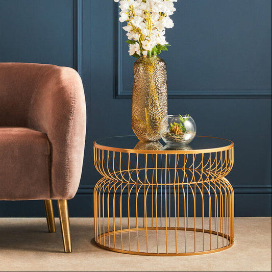 Round Gold Wireframe Side Table with Mirrored Top, Avantis