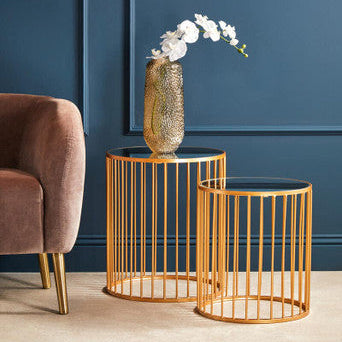 Set of 2 Mirror Top Round Side Tables with Gold Frame, Avantis