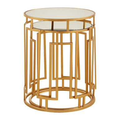 Set of 2 Gold Mirrored Top Round Side Tables with Gold Metal Frame, Avantis