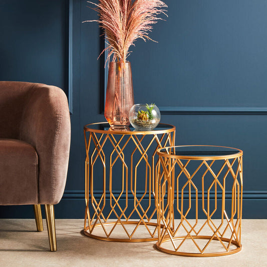Set of 2 Gold Mirrored Glass Top Round Side Tables with Gold Metal Frames, Avantis