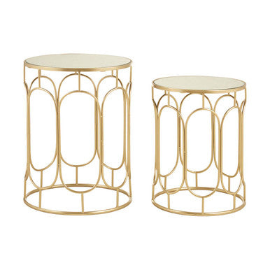 Set of 2 Mirrored Glass Top Nesting Side Tables with Gold Champagne Metal Frame, Avantis