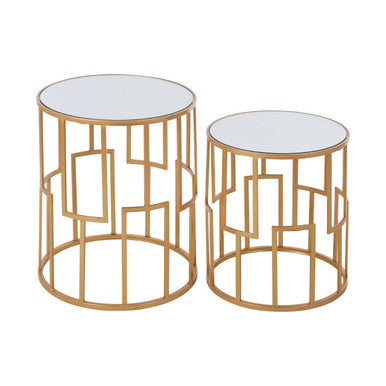 Set of 2 White Mirrored Glass Top and Gold Metal Frame Round Side Tables, Avantis