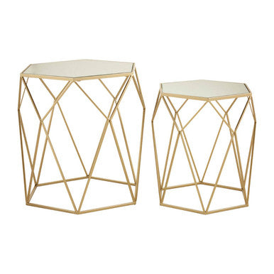 Set of 2 Gold Hexagonal Mirrored Top Side Tables with Gold Metal Frame, Avantis