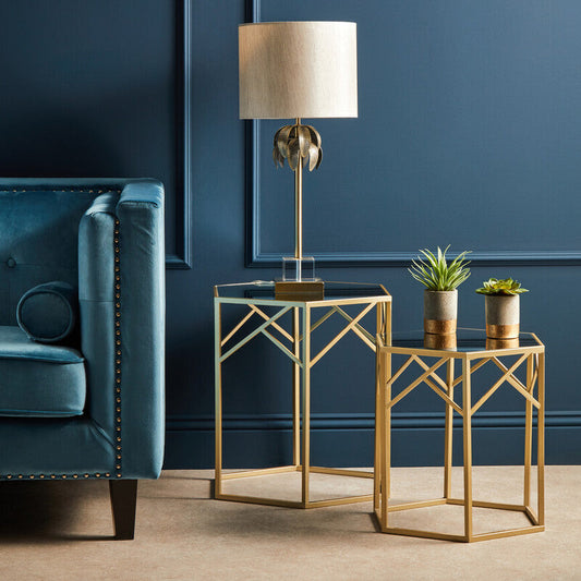 Set of 2 Gold Hexagonal Frame Side Tables with Mirrored Glass Top, Avantis